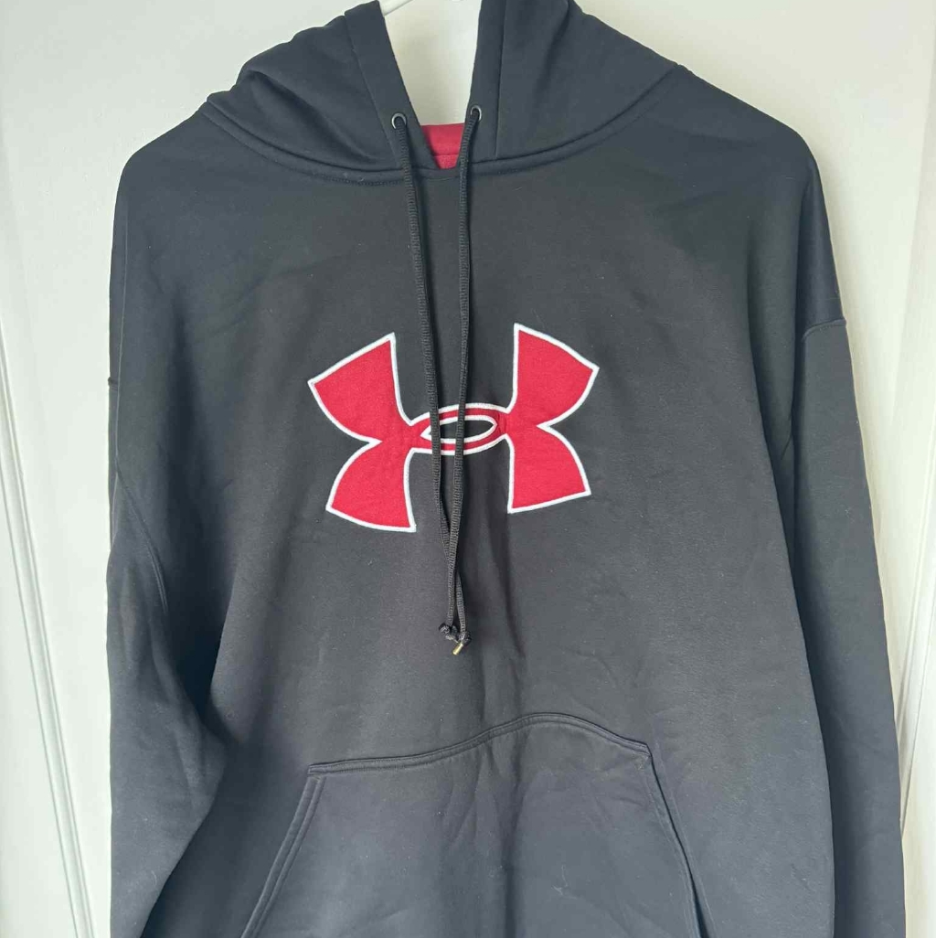 Under Armour Mens Black Red Kangaroo Pockets Drawstring Hoodie Sweatshirt Xxl